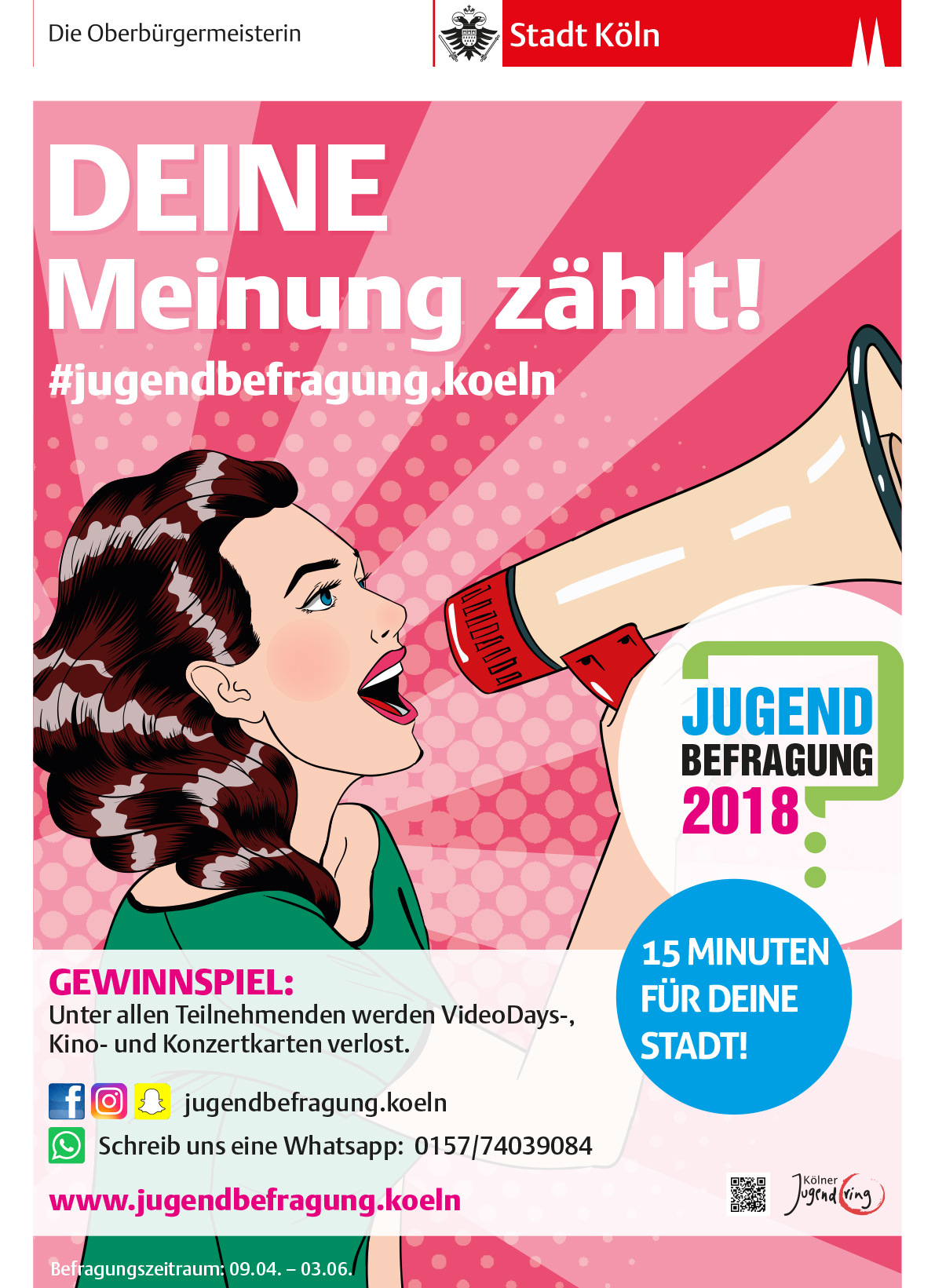 Plakat der Jugendbefragung Köln 2018, Bild: Frau im Pop-Art-Stil Plakat der Jugendbefragung Köln 2018, Bild: Frau im Pop-Art-Stil