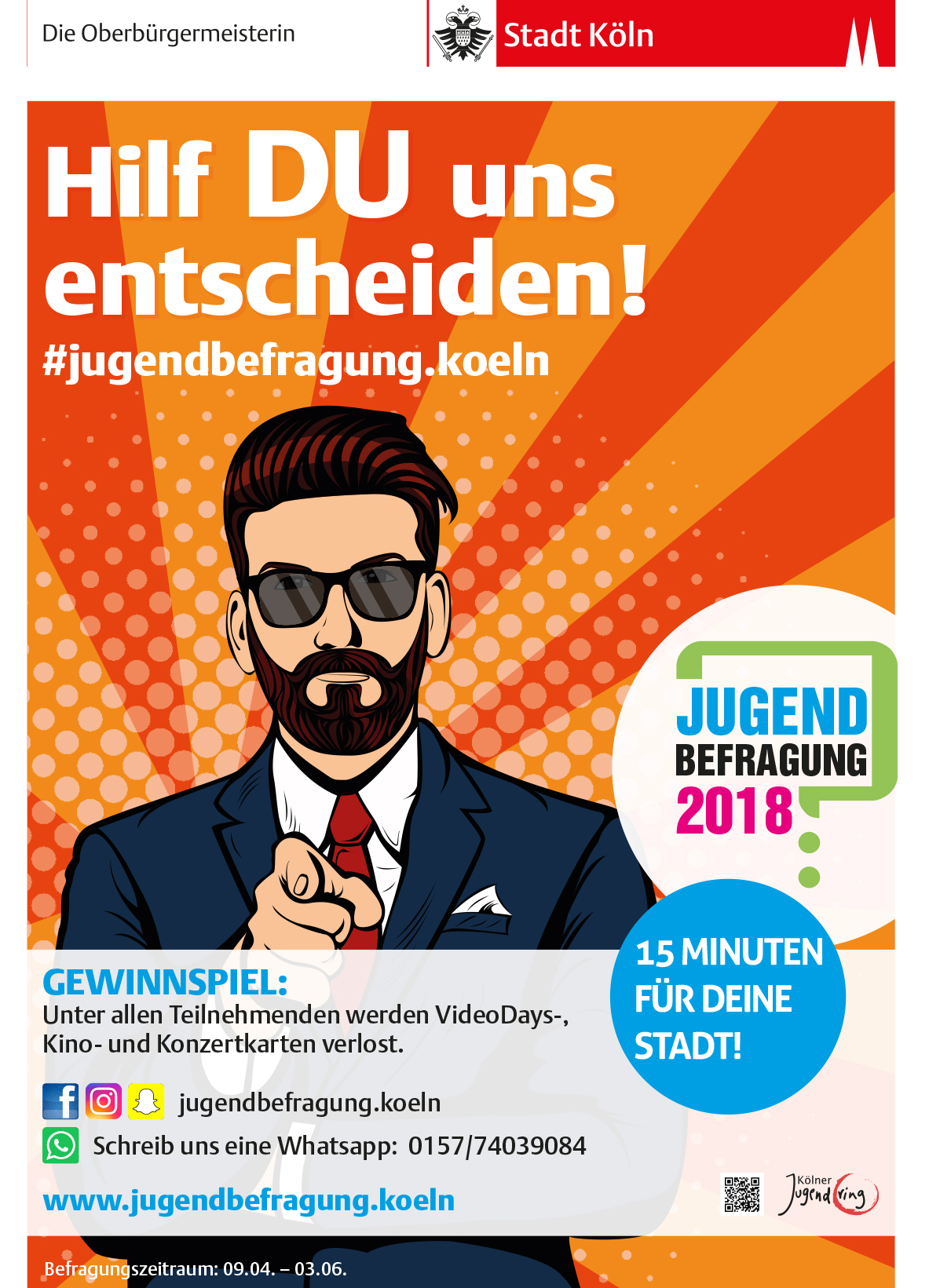 Plakat der Jugendbefragung Köln 2018, Bild: Mann im Pop-Art-Stil Plakat der Jugendbefragung Köln 2018, Bild: Mann im Pop-Art-Stil