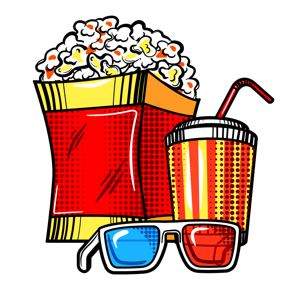 (Bild: Popcorn, Trinkflasche und 3D-Brille im Pop-Art-Stil)